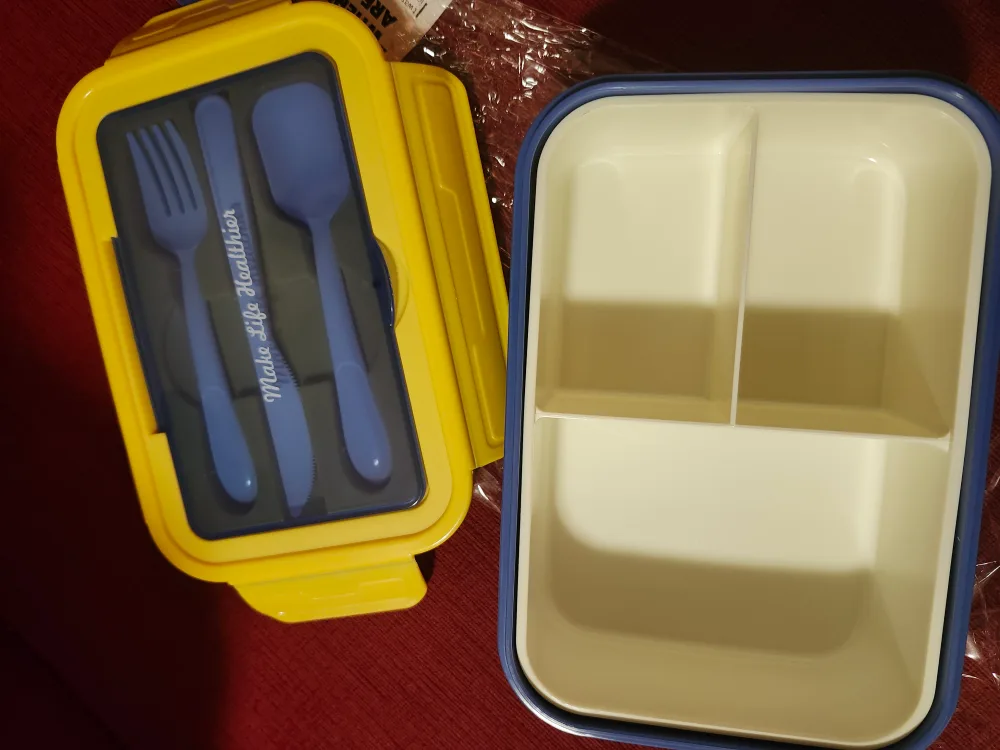 Yellow and Blue Lunch Container with Utensils image indicator(4)