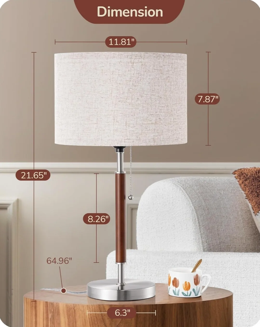 EDISHINE Mid Century Table Lamp, Solid Wood and Metal image indicator(6)