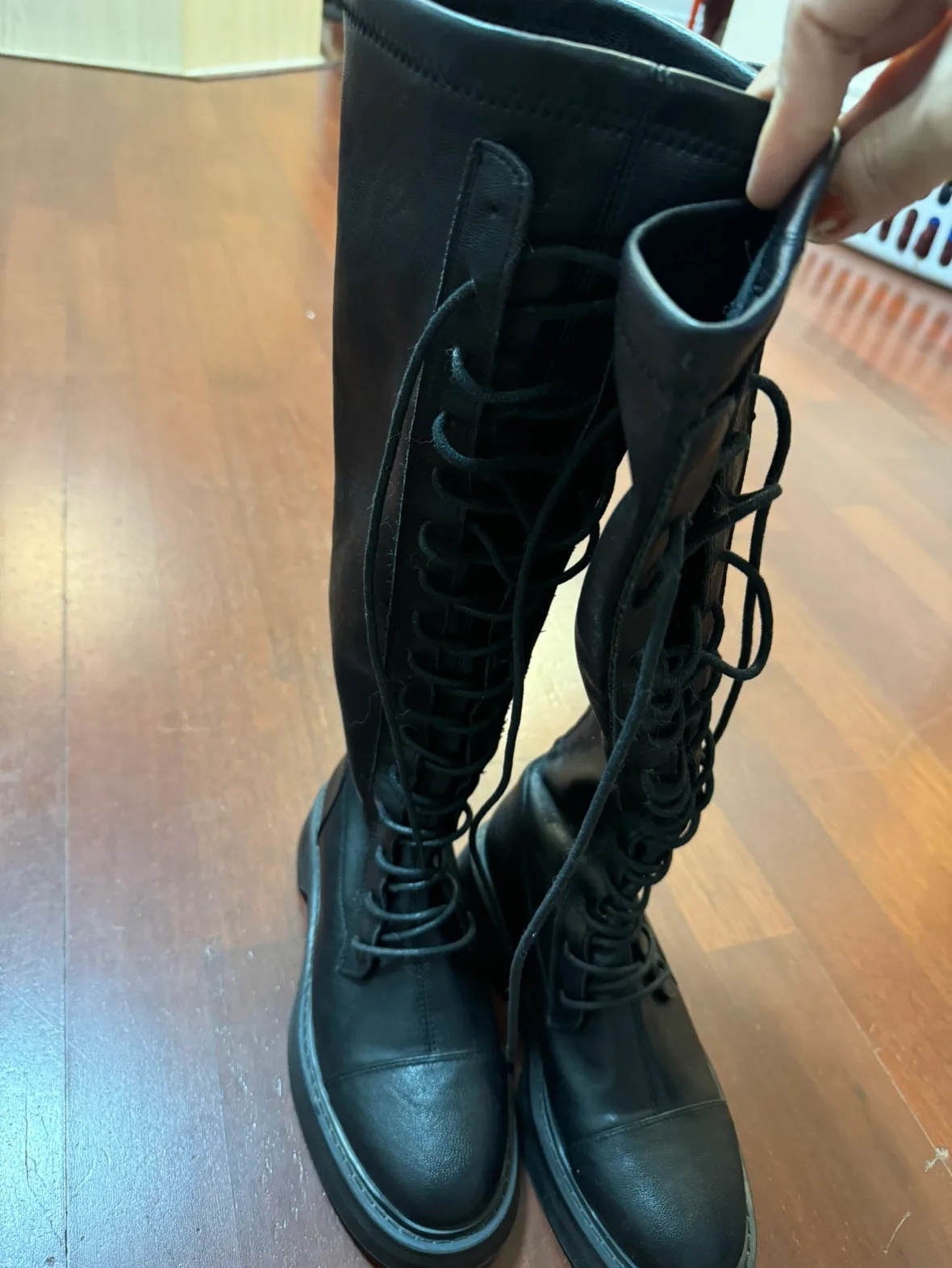 Black Leather Knee High Lace Up Boots thumbnail