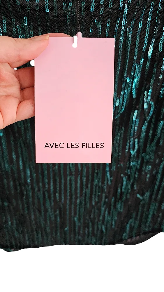 Avec Les Filles Green Teal Sequined Fringe Mini Skirt image indicator(5)