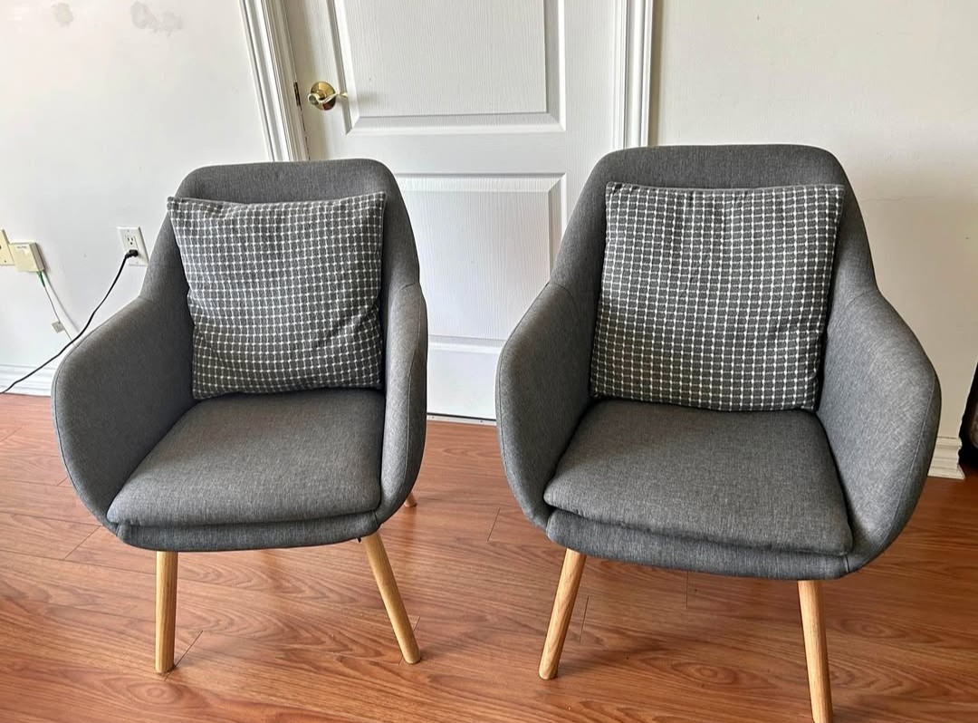 Two Grey Armchairs with Cushions