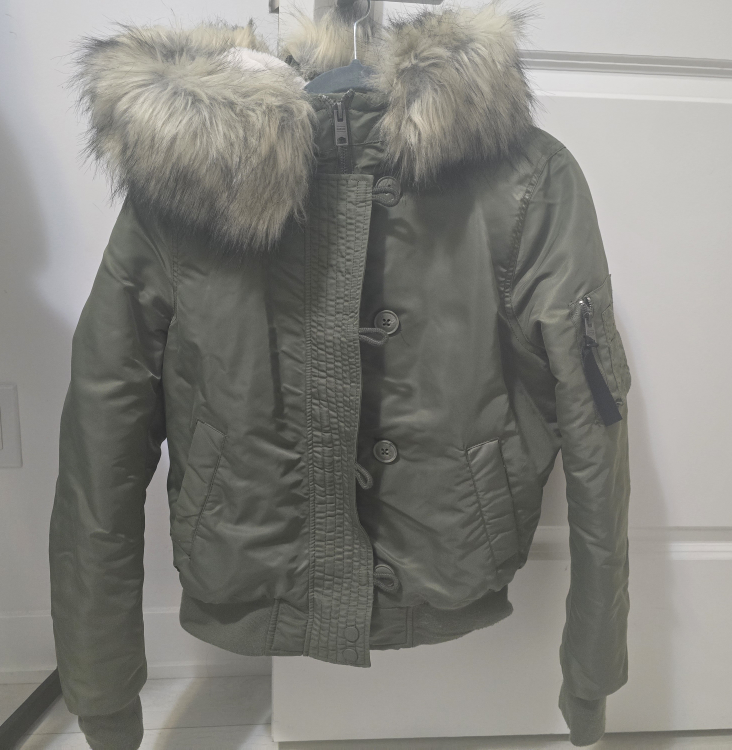 Green Faux Fur Hooded Bomber Jacket **MOVING SALE**