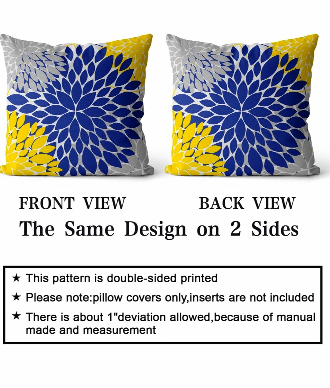 Navy Blue & Yellow Dahlia Pillow Covers, 18x18” Set of 2 - photo 3