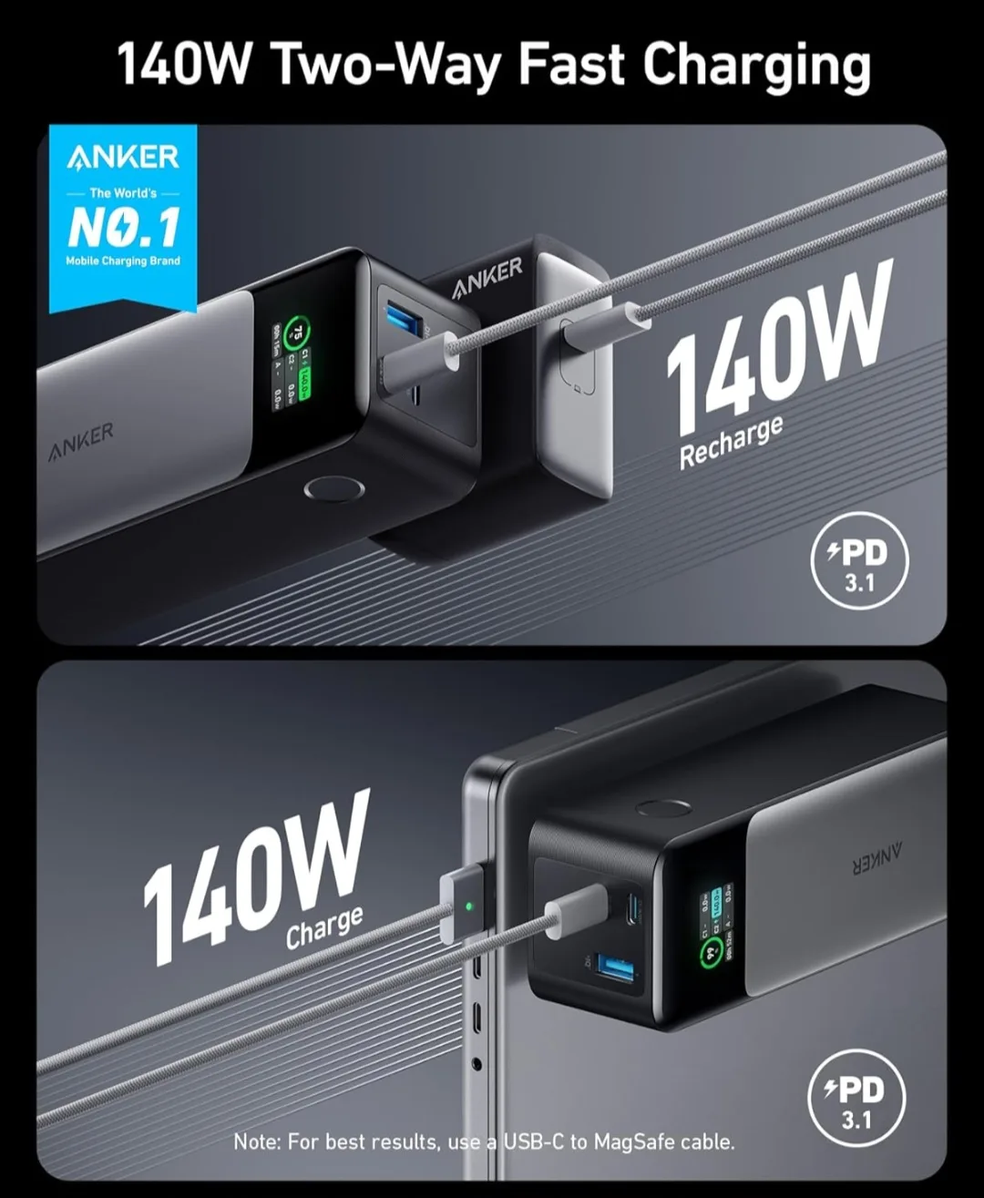 Anker Power Bank, 24,000 mAh Portable Charger  140W image indicator(2)