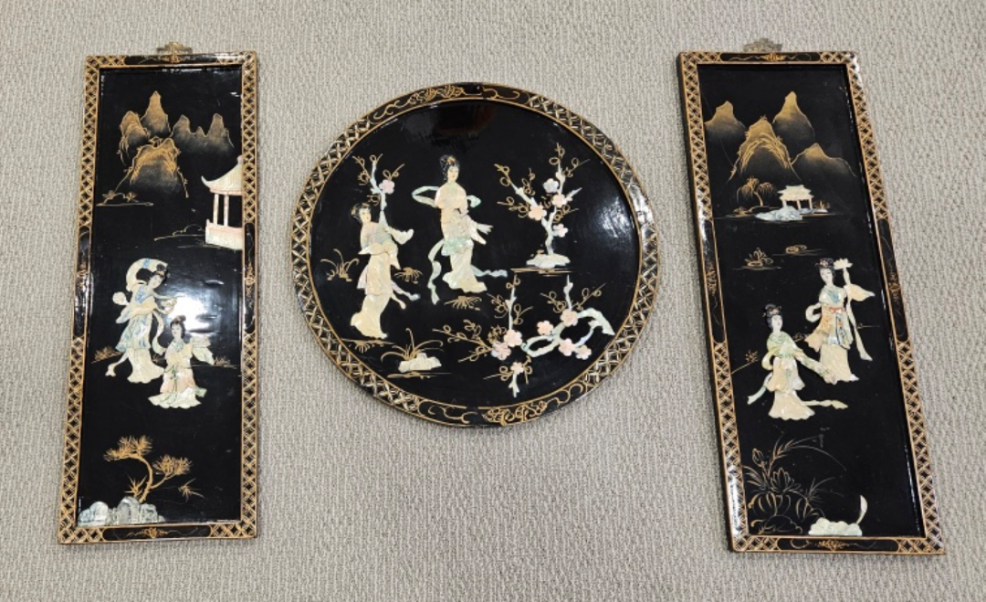 Vintage Chinese Wall Hanging Set with Mother of Pearl Inlay