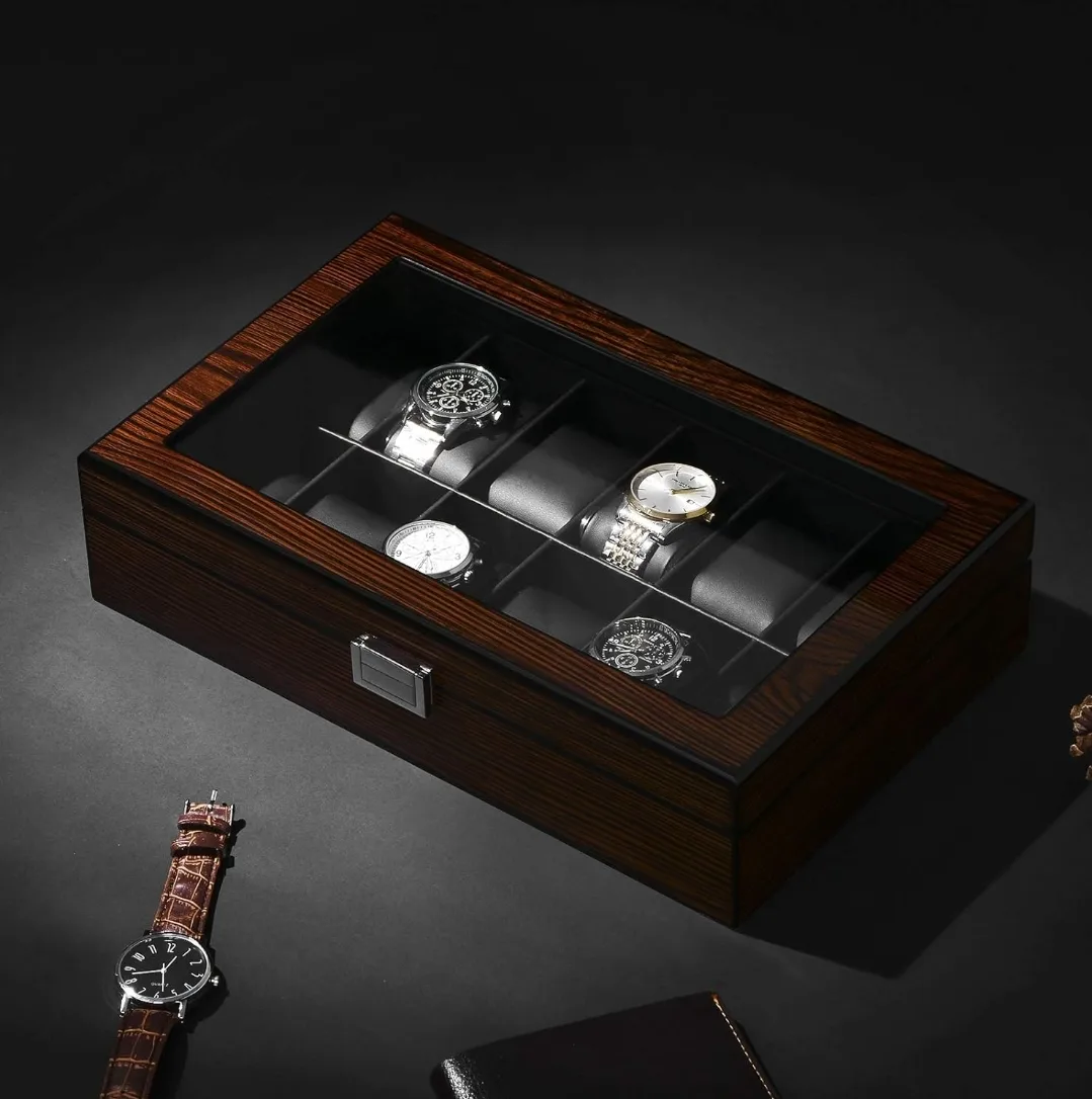 BEWISHOME 12-Slot Watch Box with Glass Window, Brown image indicator(8)