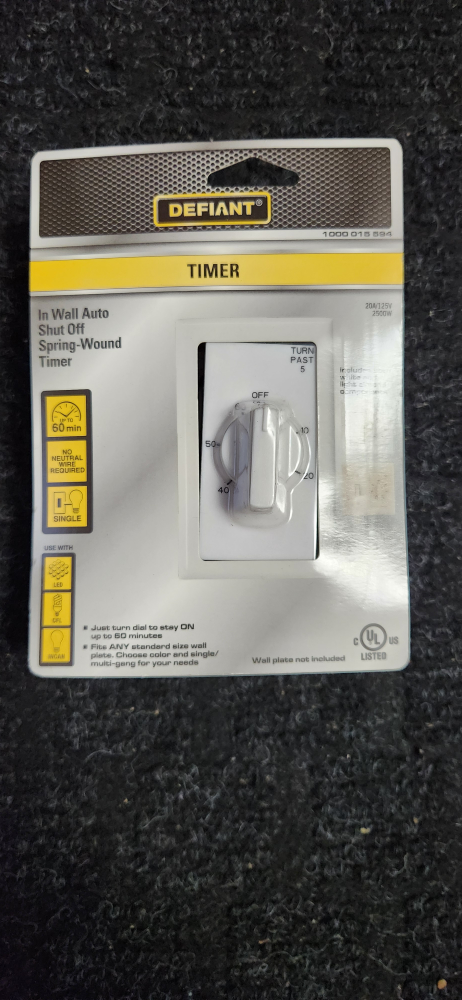 Brand New Defiant In-Wall Auto Shut Off Spring-Wound Timer