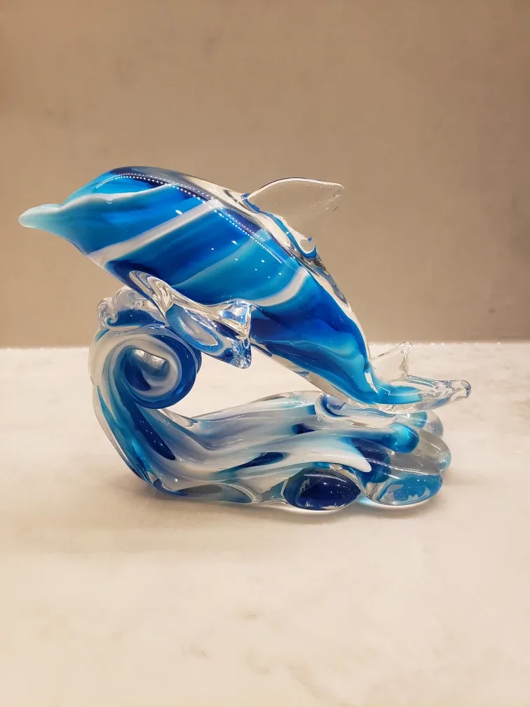 Blue and white glass dolphin on a wave figurine image indicator(2)