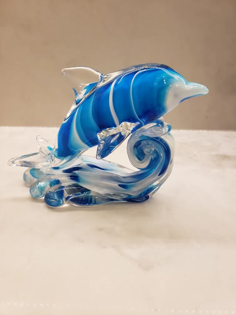 Blue and white glass dolphin on a wave figurine image indicator(4)