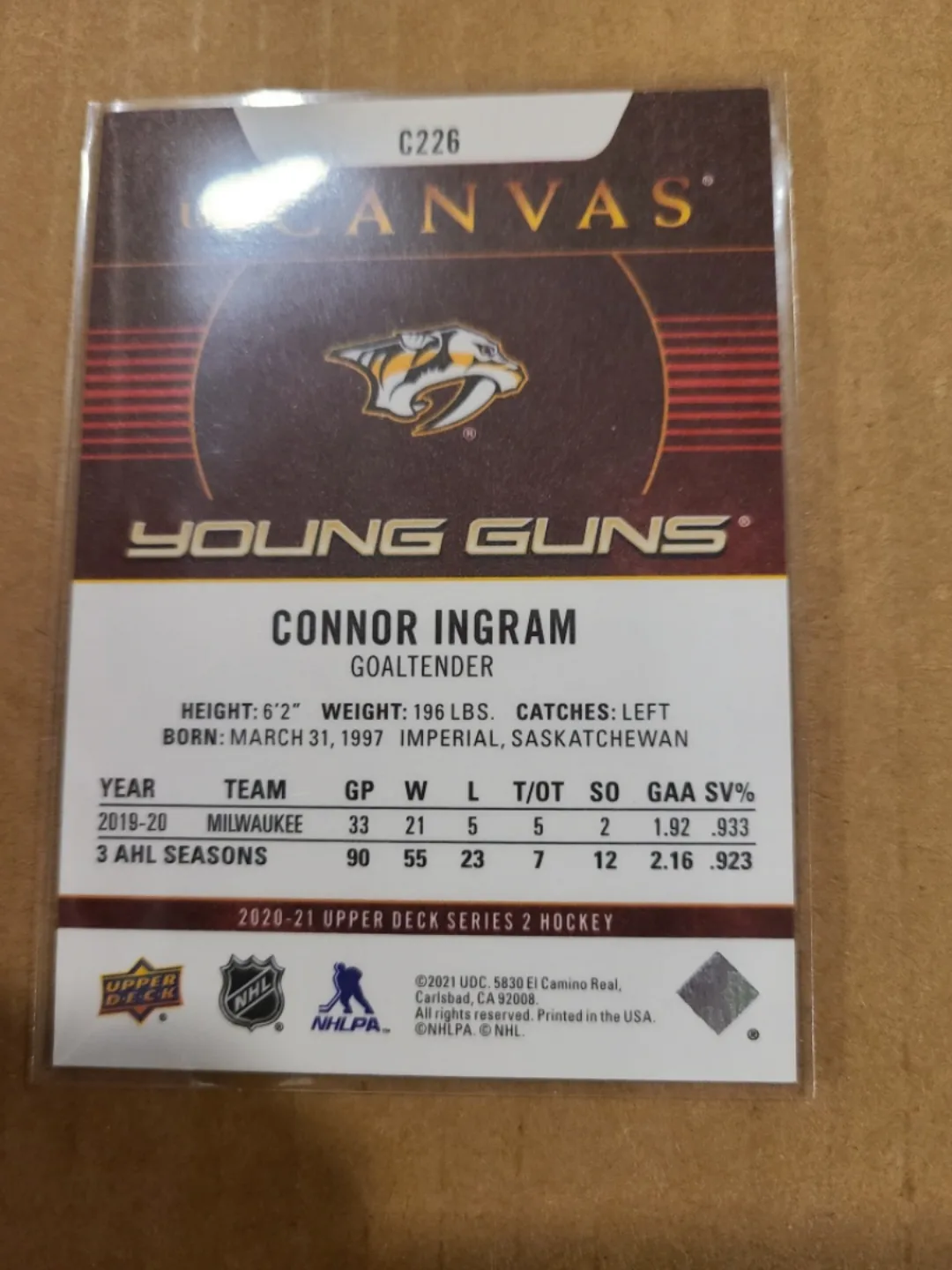 2020-21 Upper Deck  Connor Ingram Young Guns Canvas Hockey Card image indicator(2)