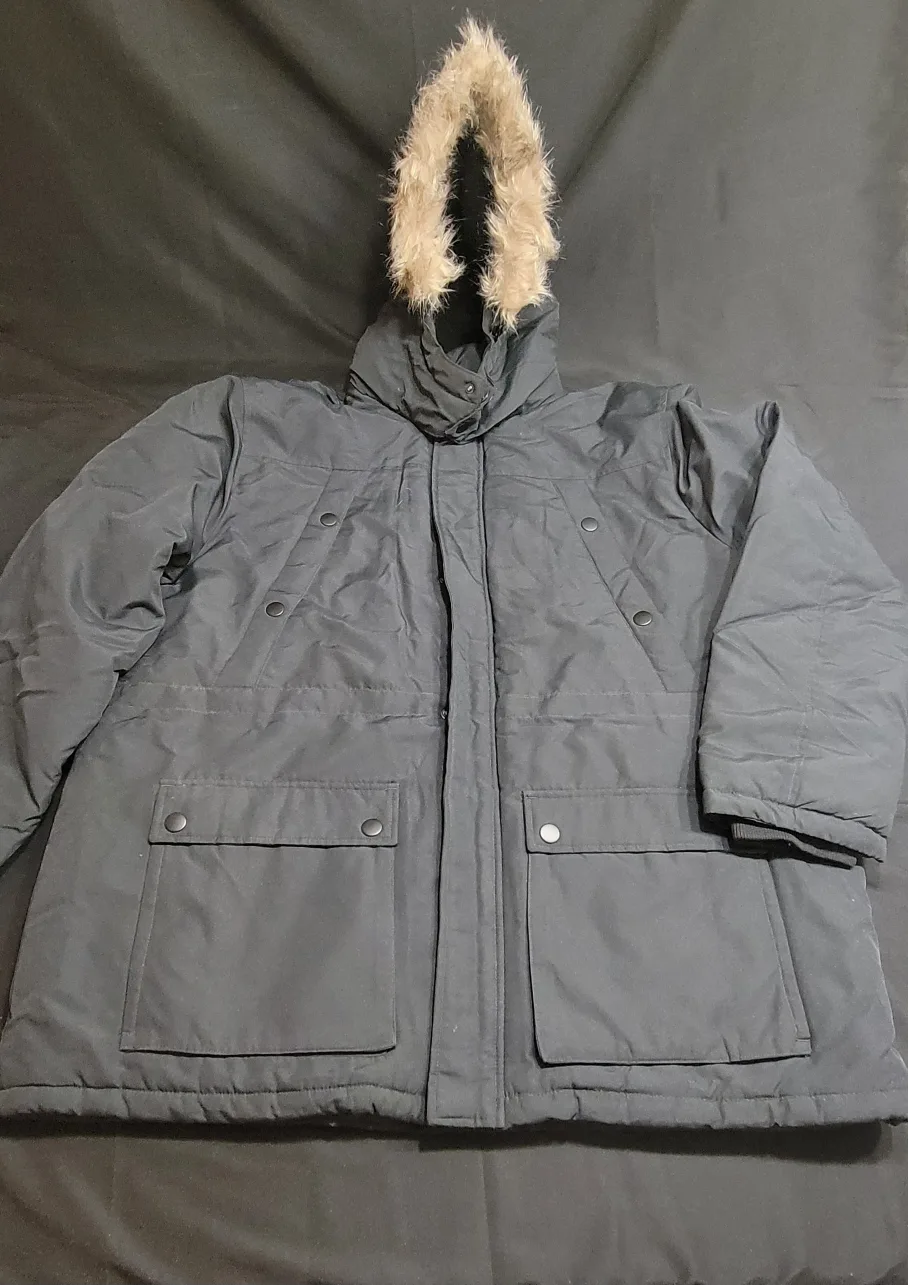 Black winter parka with faux fur hood. image indicator(2)