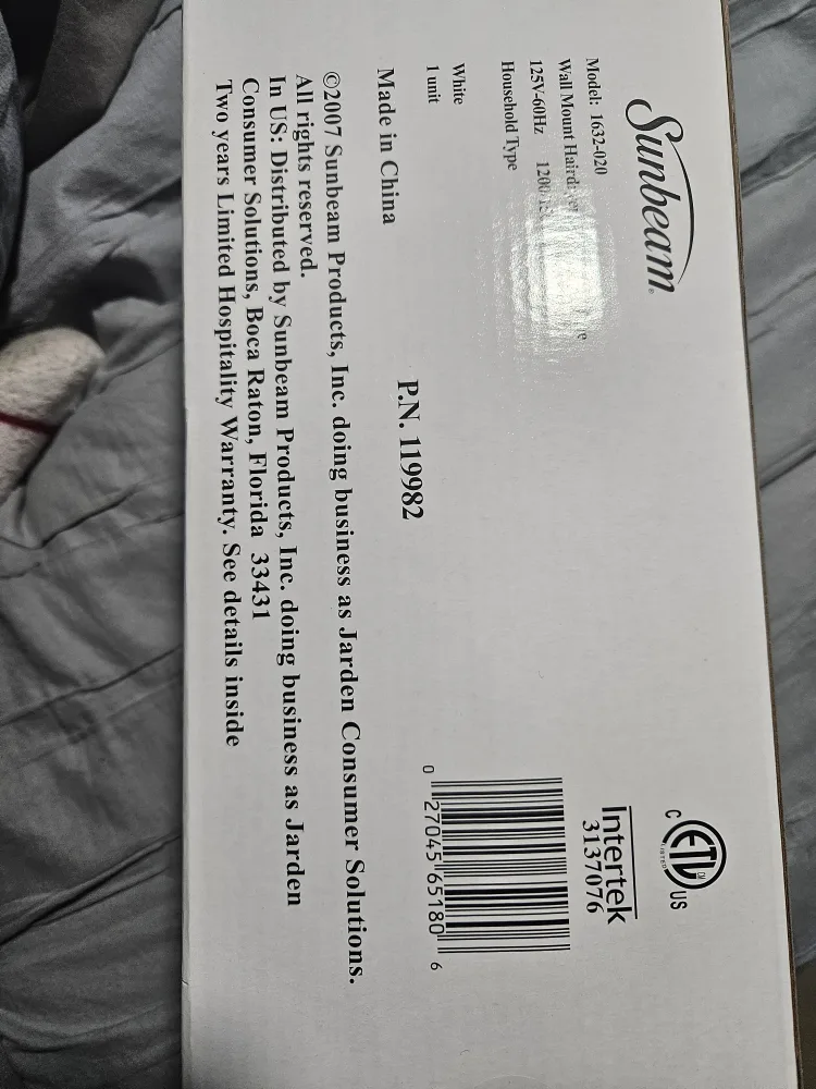 Sunbeam Wall Mounted Hair Dryer image indicator(4)