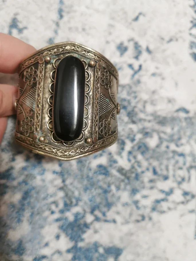 Vintage Silver Cuff Bracelet with Black Stone thumbnail