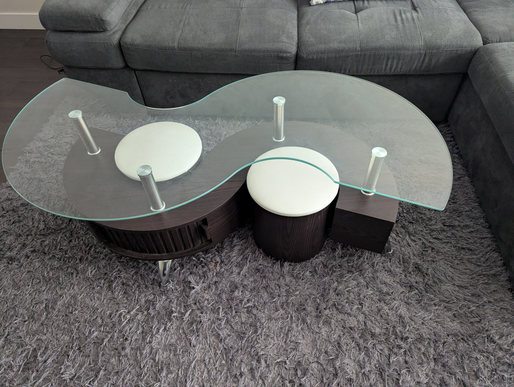 Glass Top Center Coffee Table with 2 Ottomans 4 Sale