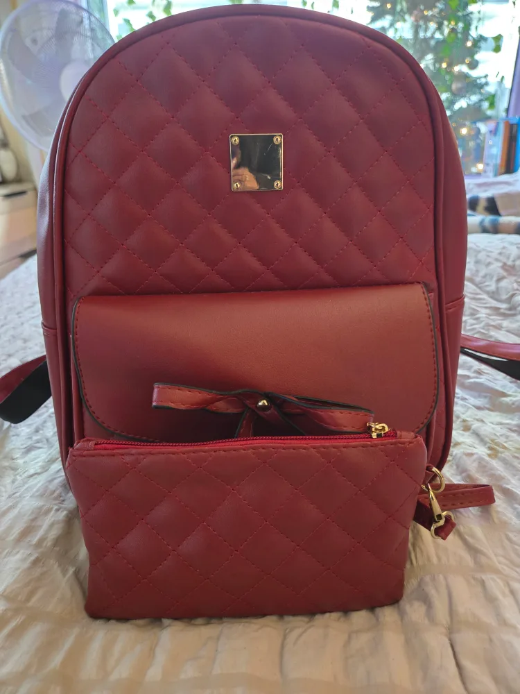Red Quilted Backpack with Matching Makeup Pouch image indicator(2)