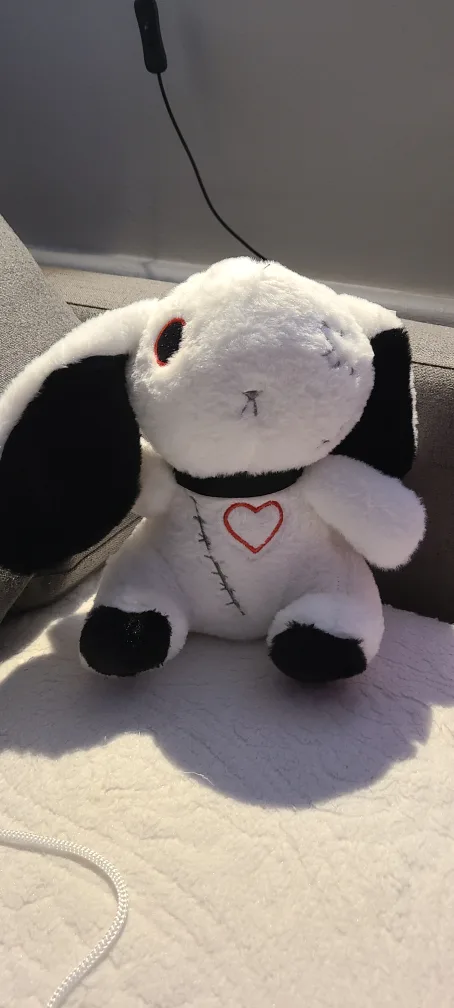 White Plush Bunny with Black Ears and Red Heart thumbnail