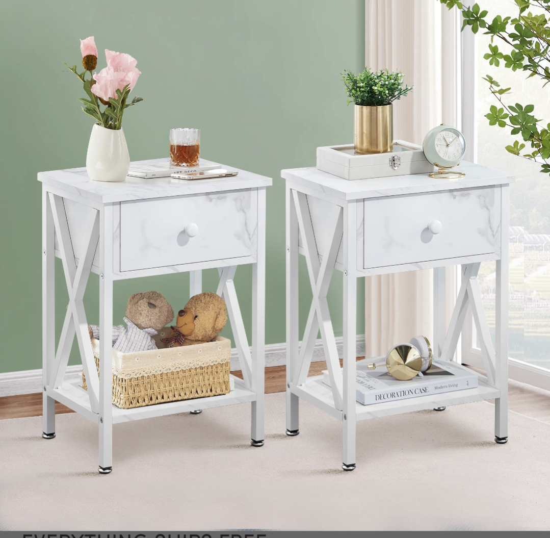 2 White Nightstands with Drawer and Shelf