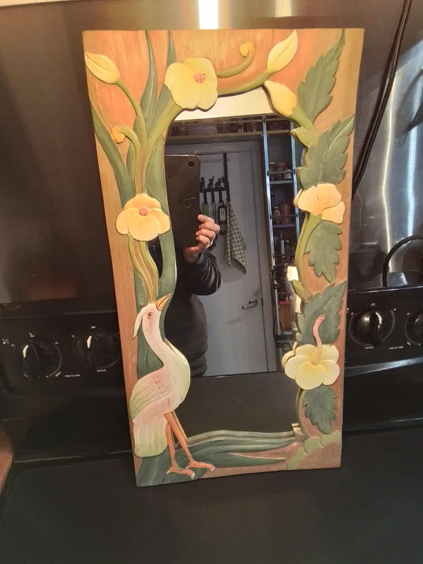 Hand-Carved Wooden Mirror with Bird and Flowers Vintage image indicator(9)