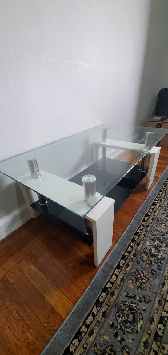 Glass Coffee Table with White and Black Shelves