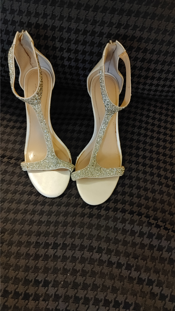 White T-Strap Heels with Rhinestones