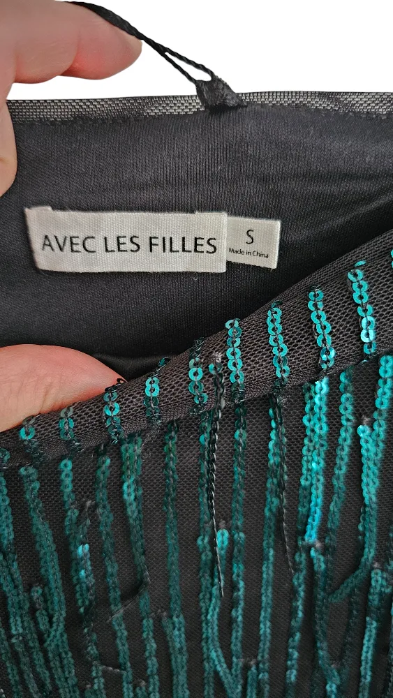 Avec Les Filles Green Teal Sequined Fringe Mini Skirt image indicator(2)