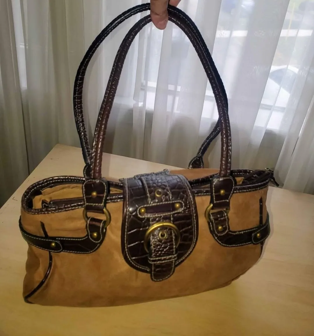 Tan and Brown Sachel Handbag with leather detailing image indicator(3)