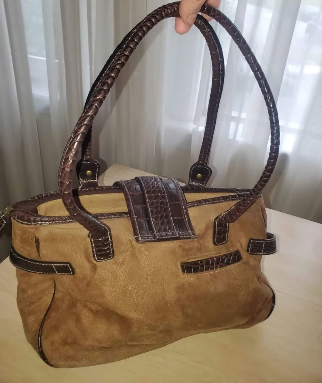 Tan and Brown Sachel Handbag with leather detailing image indicator(4)