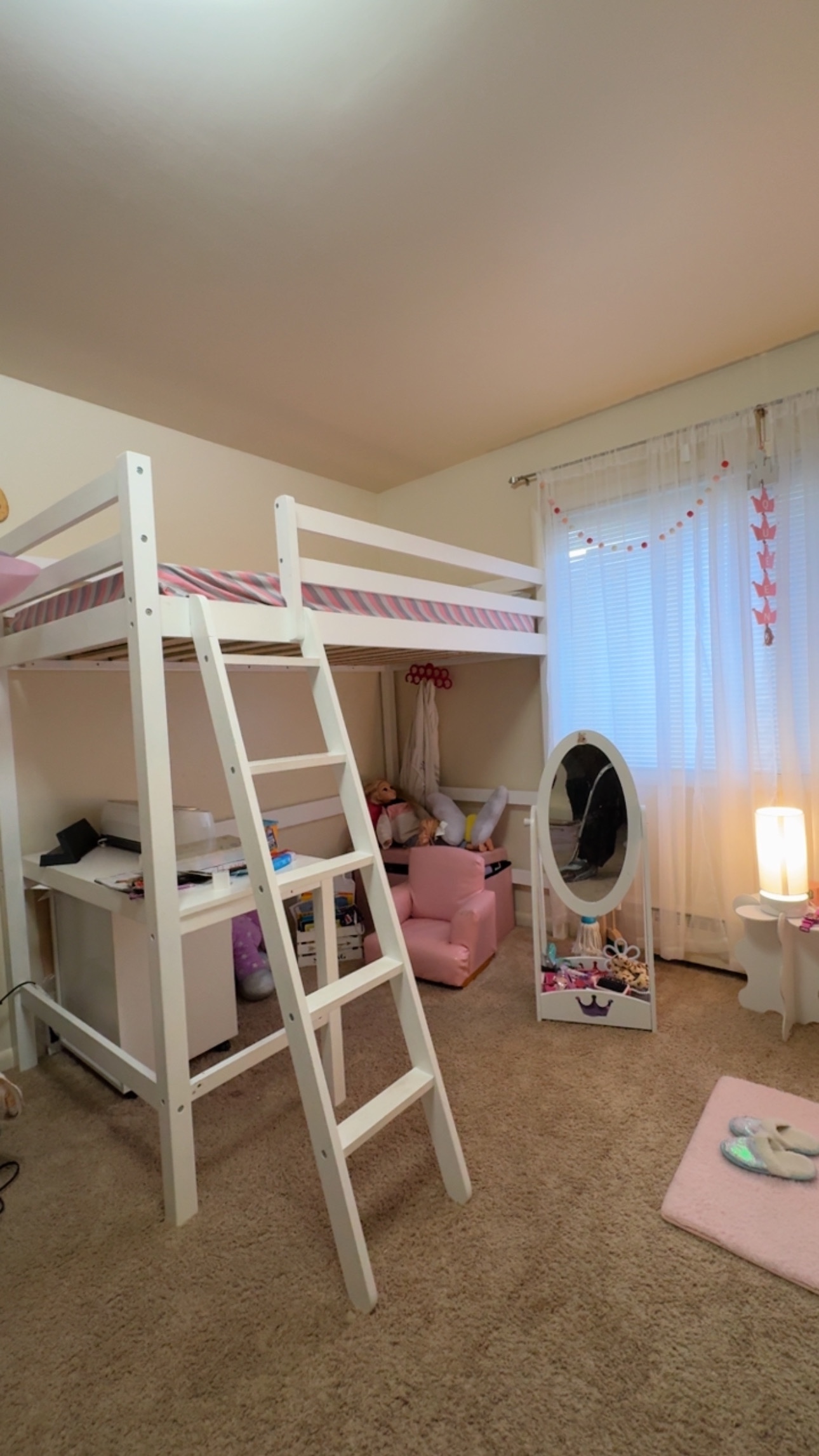 White Loft Bed with Desk + 6” twin spring mattress