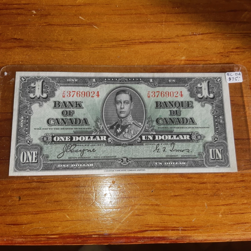 Vintage 1937 Canadian $1 Banknote