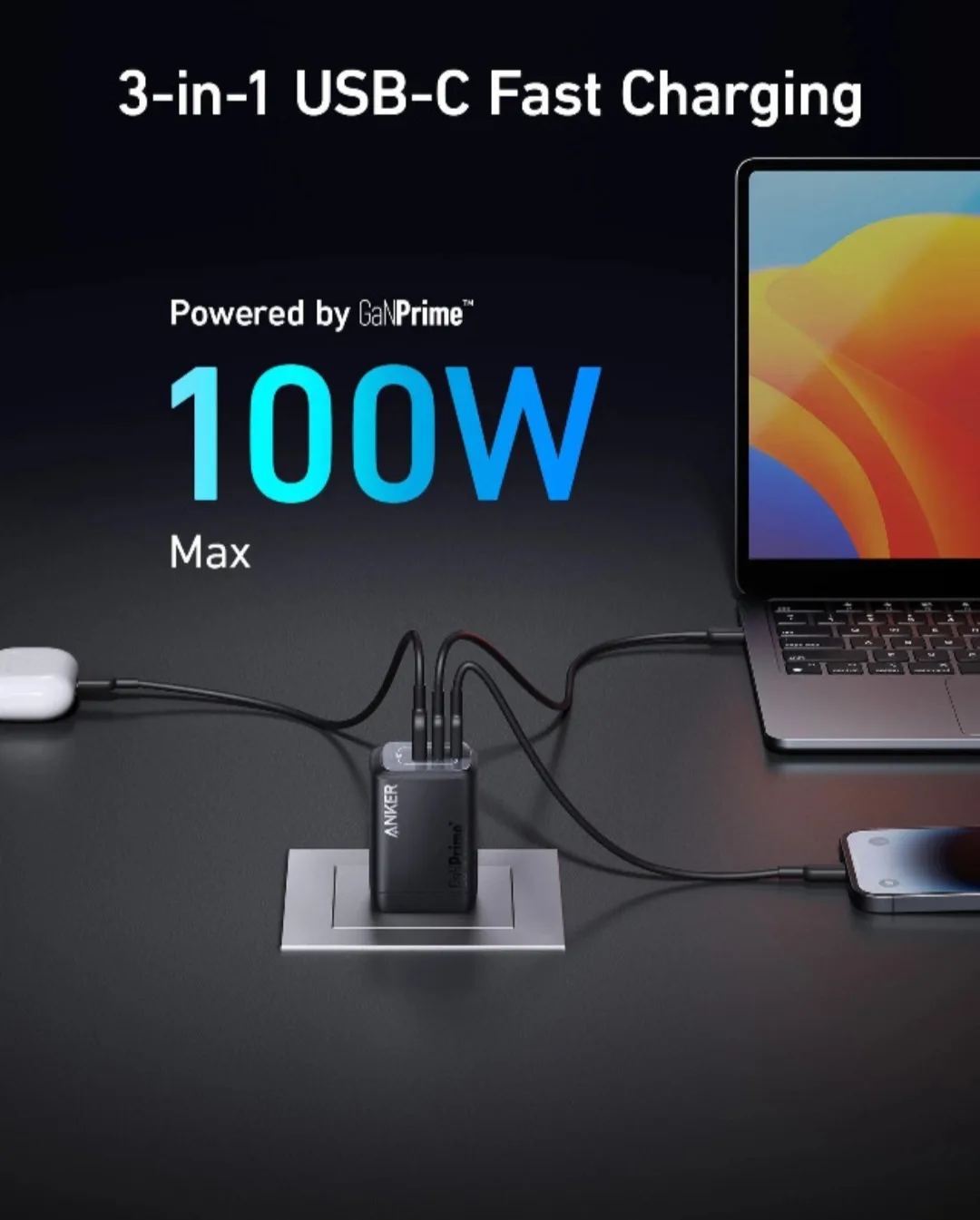 Anker Prime 100W GaN Wall Charger (3 Ports) image indicator(2)