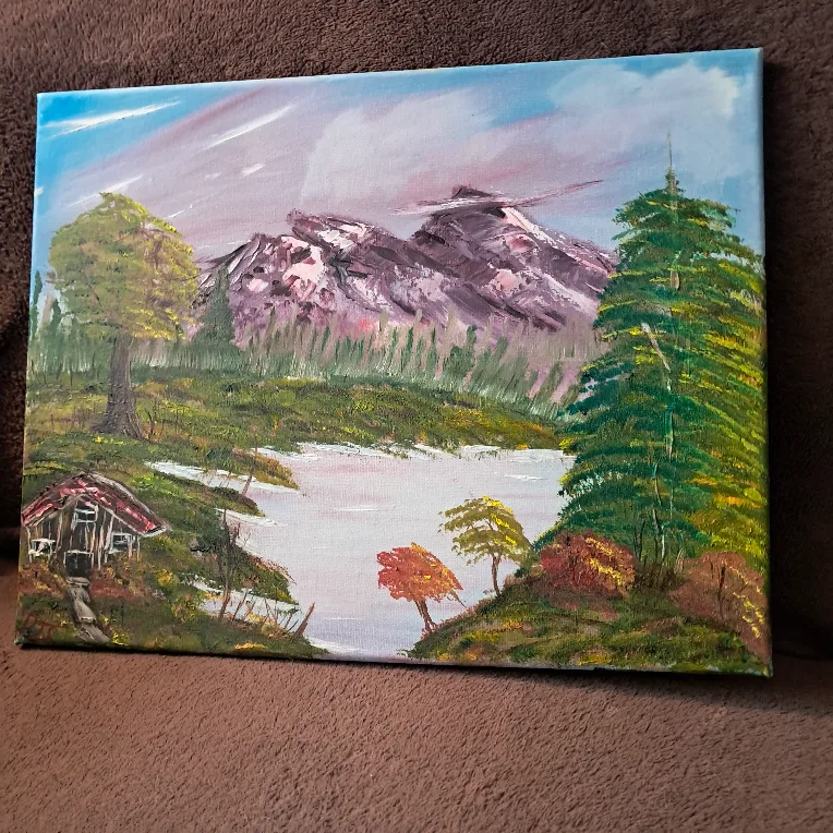 Original Oil Painting on Canvas - Cabin by Lake with Mountains image indicator(2)