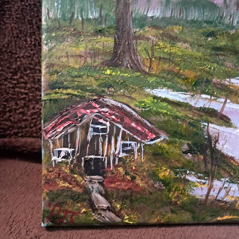 Original Oil Painting on Canvas - Cabin by Lake with Mountains image indicator(3)