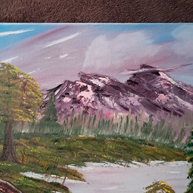 Original Oil Painting on Canvas - Cabin by Lake with Mountains image indicator(4)