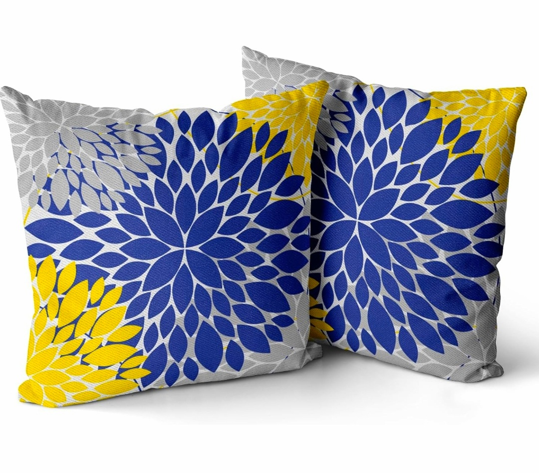 Navy Blue & Yellow Dahlia Pillow Covers, 18x18” Set of 2