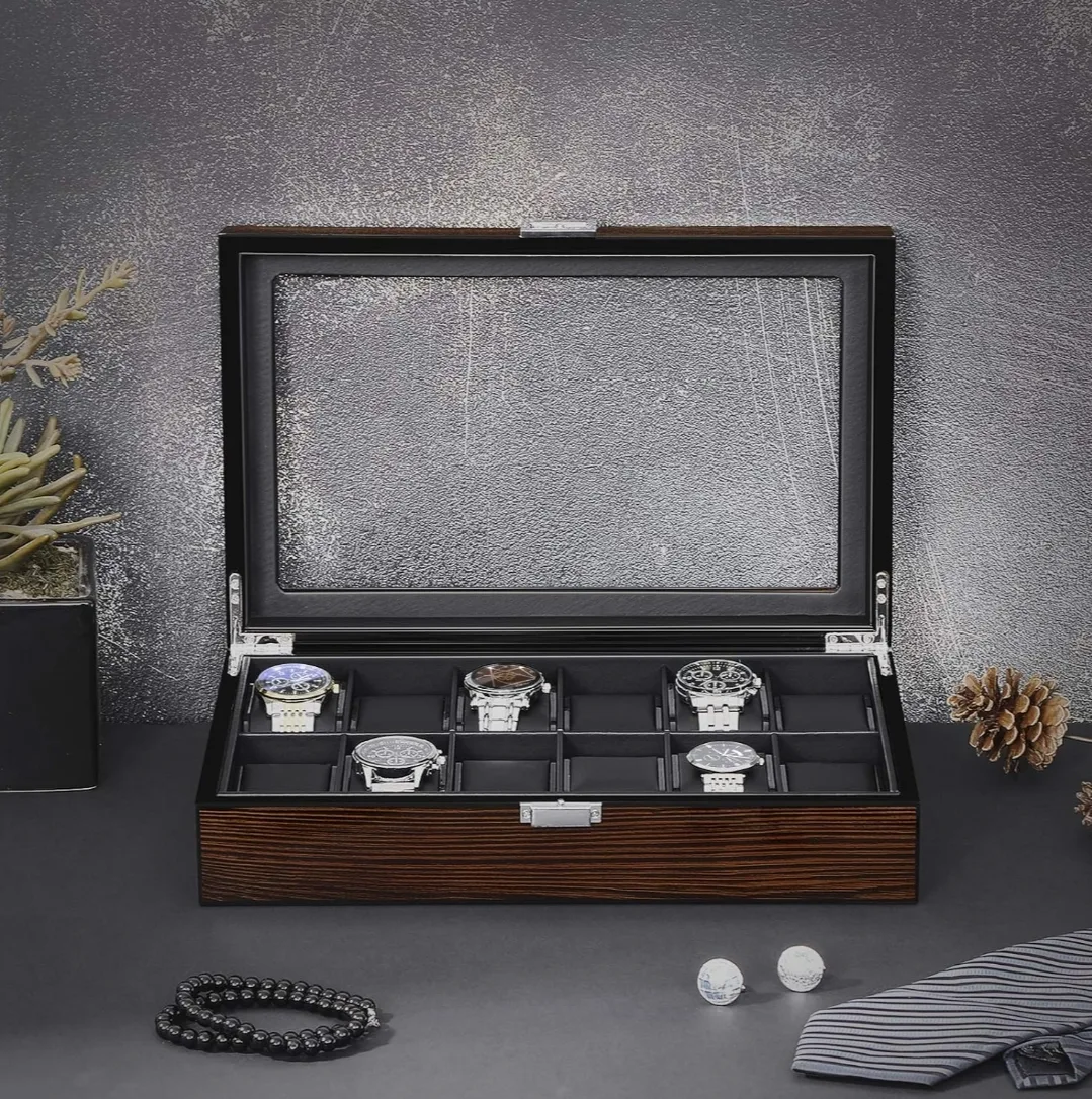 BEWISHOME 12-Slot Watch Box with Glass Window, Brown image indicator(7)