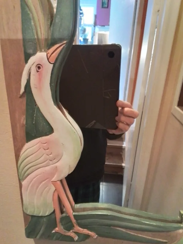 Hand-Carved Wooden Mirror with Bird and Flowers Vintage image indicator(2)