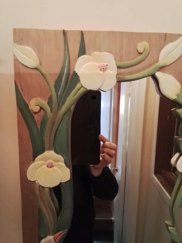 Hand-Carved Wooden Mirror with Bird and Flowers Vintage image indicator(3)