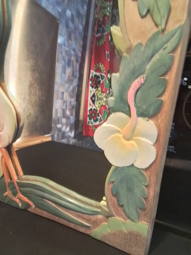 Hand-Carved Wooden Mirror with Bird and Flowers Vintage image indicator(4)