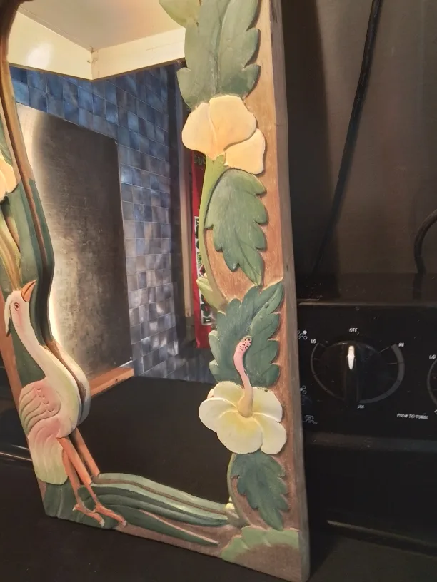 Hand-Carved Wooden Mirror with Bird and Flowers Vintage image indicator(6)