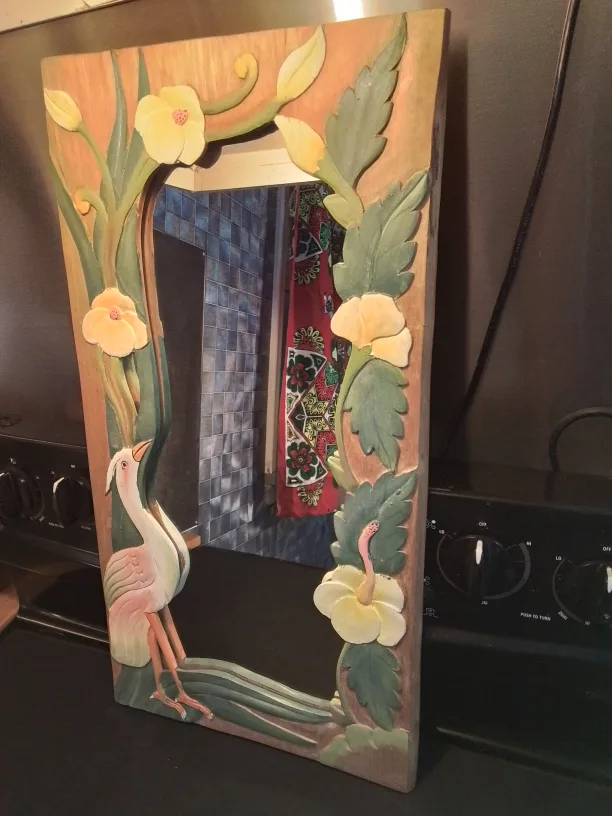Hand-Carved Wooden Mirror with Bird and Flowers Vintage image indicator(7)