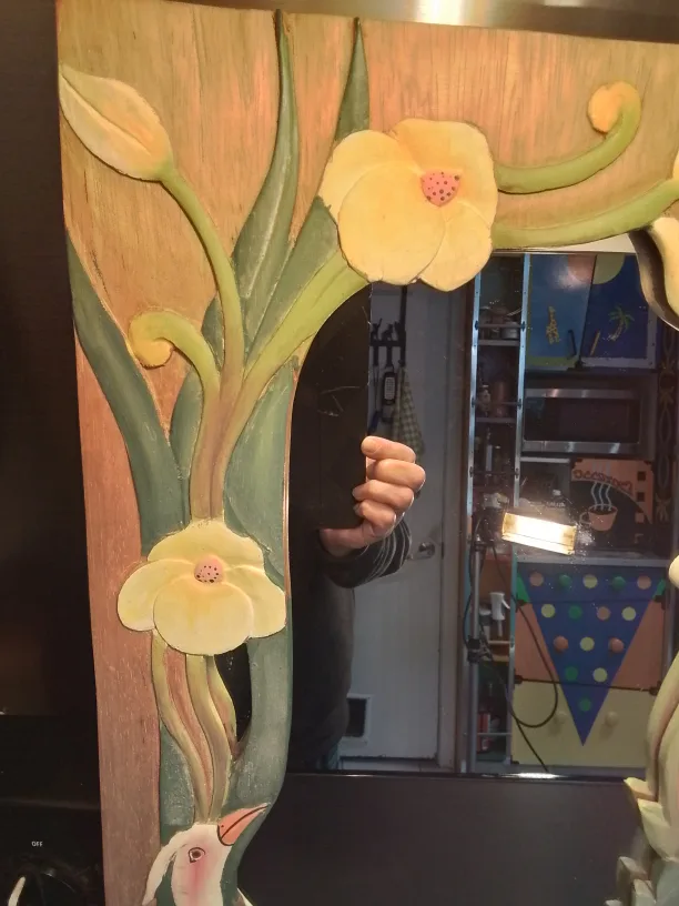 Hand-Carved Wooden Mirror with Bird and Flowers Vintage image indicator(8)