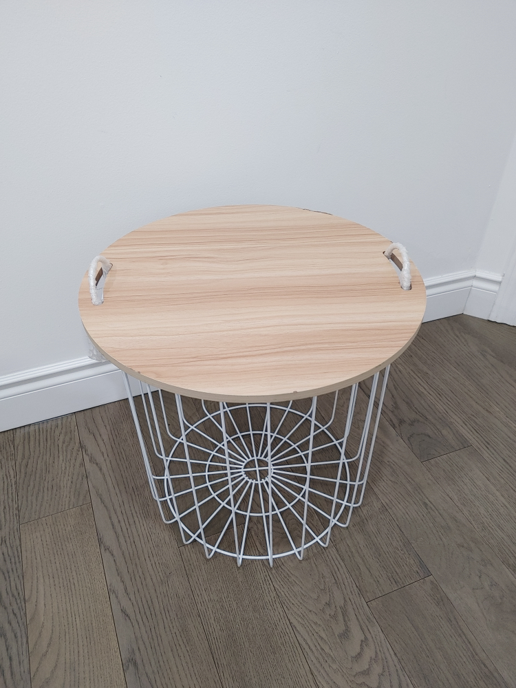White Metal Storage Basket with Wood Top
