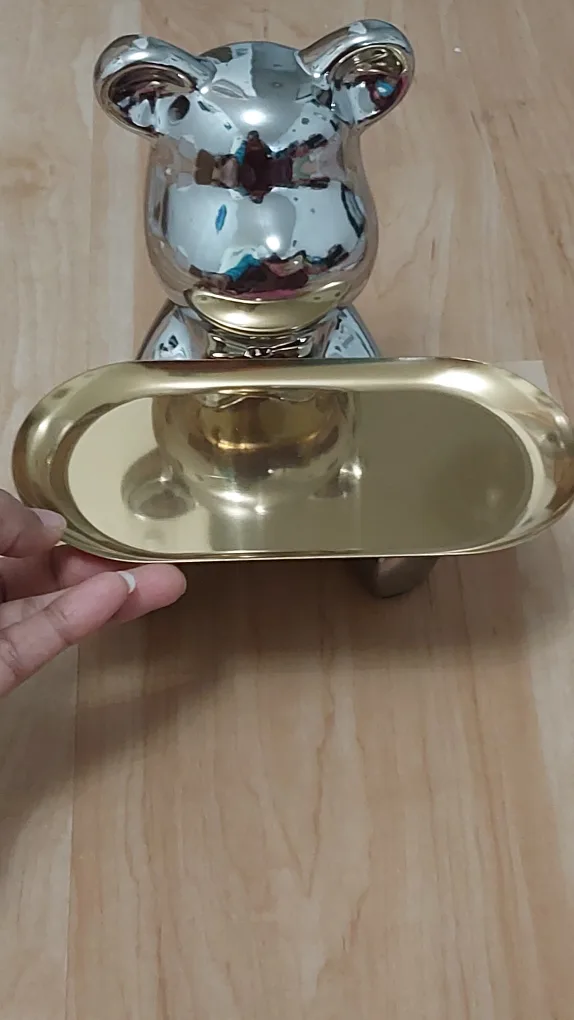 BNIB Gold Tray bear Statue-  silver color image indicator(3)