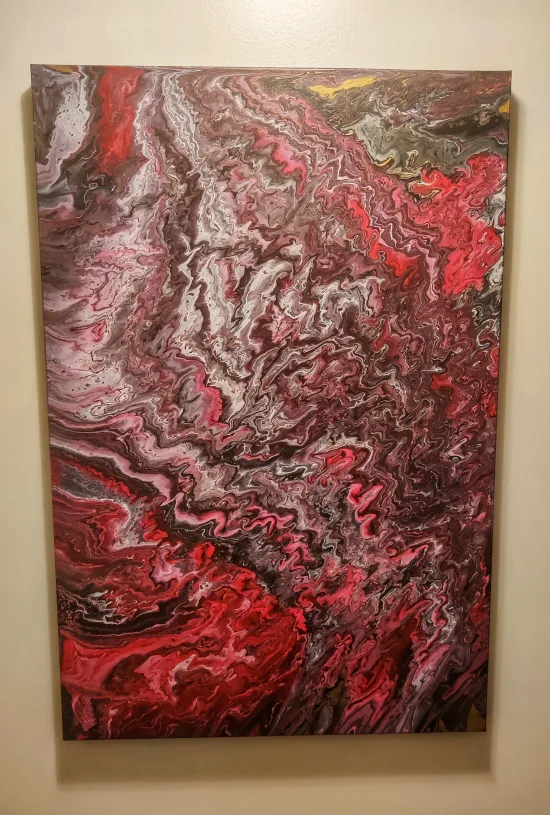 Abstract Painting, Fluid Art, Crimson, White, Black, Gold thumbnail