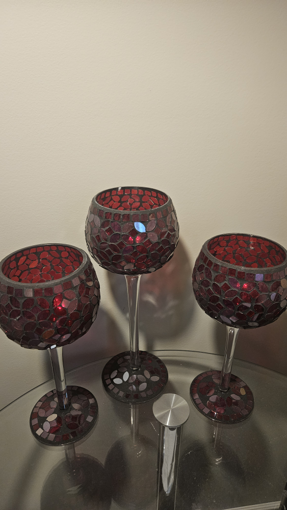 Set of Three Red Mosaic Glass Candle Holders