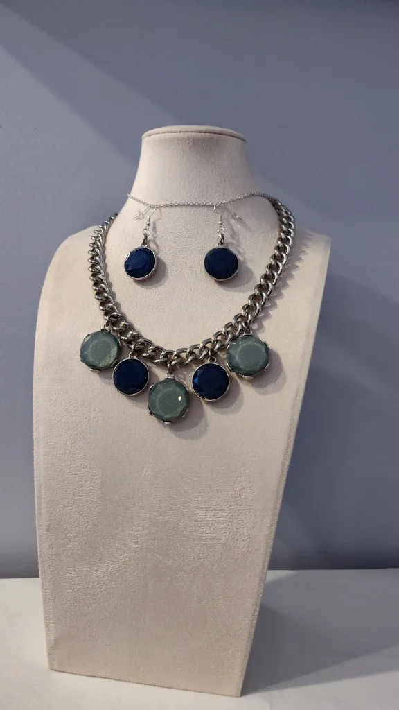 Blue and Grey Statement Necklace and Earrings Set image indicator(2)