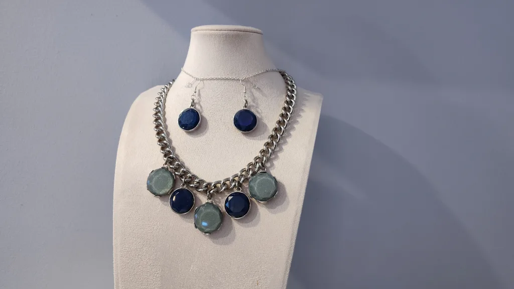 Blue and Grey Statement Necklace and Earrings Set image indicator(3)