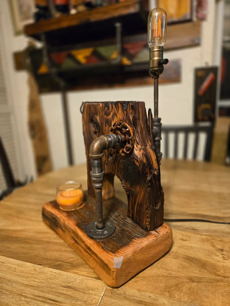 Rustic Reclaimed Wood and Pipe Desk Lamp image indicator(8)