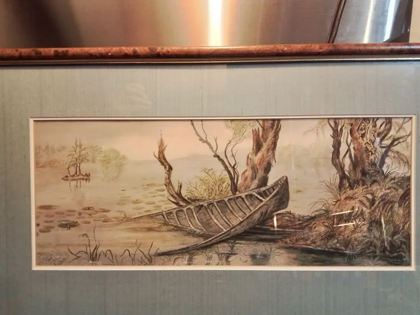 MCM Framed Evocative Beached Canoe Watercolour Painting 28"💚 image indicator(2)