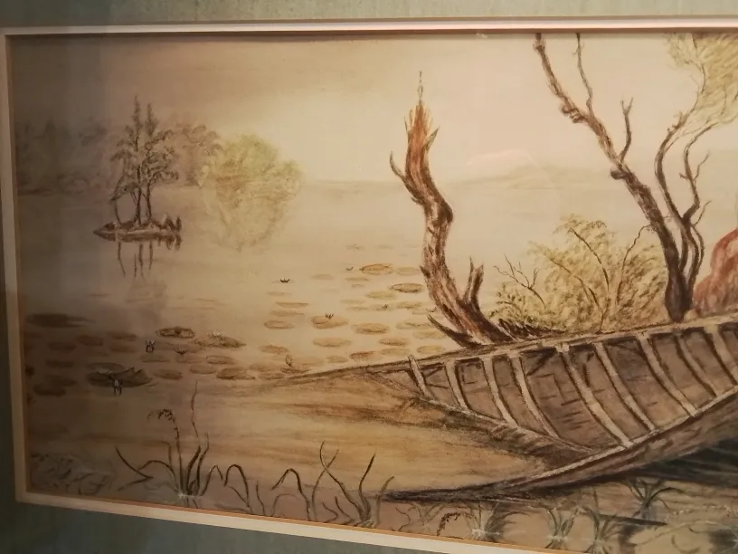 MCM Framed Evocative Beached Canoe Watercolour Painting 28"💚 image indicator(4)